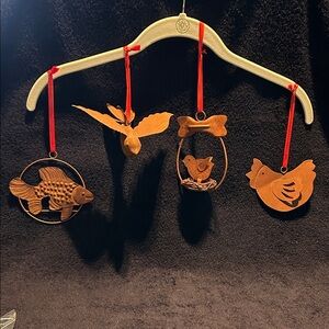 Metal Ornaments. Rusted Metal Finish. Set of Four with Ribbon Hangers.